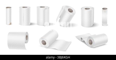 Ensemble de rouleaux de papier toilette blanc, y compris différentes vues et angles, style réaliste, isolé sur fond blanc, pour l'hygiène et l'usage domestique. Illustration de Vecteur