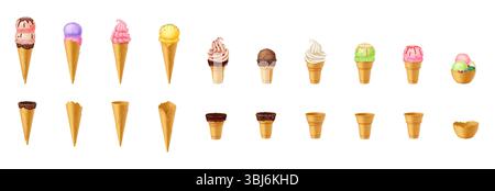 Illustration colorée de divers cônes de crème glacée et bols à gaufres dans différentes saveurs présentés sur un fond blanc. Parfait pour les menus de desserts et Illustration de Vecteur