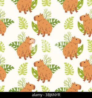 Modèle sans couture avec capybara kawaii drôle et feuille tropicale dans le style plat de dessin animé, disposés dans l'ordre des points de polka sur fond clair. Mignon jungle anim Illustration de Vecteur