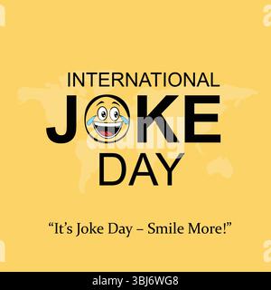 Bannière Journée internationale de blague avec Emoji riant et texte bleu Illustration de Vecteur