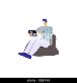 Mosaïque icône de style pixel de personne se relaxant sur le sac de haricot avec ordinateur portable dans une tenue décontractée Illustration de Vecteur