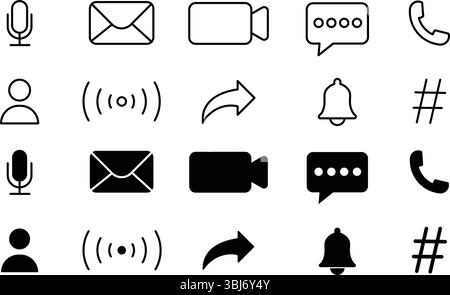 Jeu d'icônes de médias sociaux – icônes de communication de style ligne minimale et solide pour la conception UI/UX. Icônes minimales de communication et d'interface utilisateur – ligne et S. Illustration de Vecteur