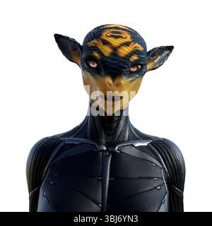 illustration 3d d'un extraterrestre portant un costume en néoprène avec la peau et la bouche de reptiliens noir et jaune ouverte sur un fond blanc. Banque D'Images