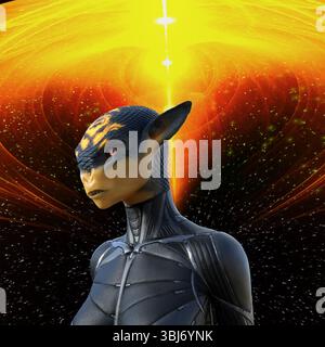 illustration 3d d'un extraterrestre regardant au loin portant un costume en néoprène avec une peau de reptilien noir et jaune et sur un fond d'espace. Banque D'Images