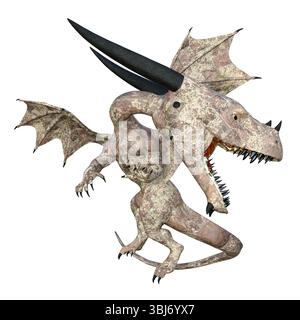 illustration 3d d'un petit dragon ailé à cornes noires minuscules avec peau de texture de pierre et bouche ouverte. Banque D'Images