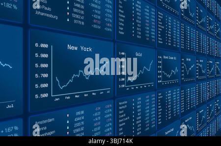 Graphique boursier américain en hausse, graphique Gold et brent Curde Oil en hausse. Graphique boursier américain en hausse, graphique Gold et brent Curde Oil en hausse. Informations commerciales, écran de l'appareil, données d'indice boursier, matières premières, taux de change, graphiques et données de marché. Illustration 3D img stock market105s02 stock market data Banque D'Images
