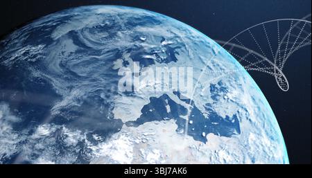 Montrant la Terre en rotation dans l'espace, avec les nuages et l'Europe visible, l'Afrique, la spirale en pointillés, l'espace copie Banque D'Images