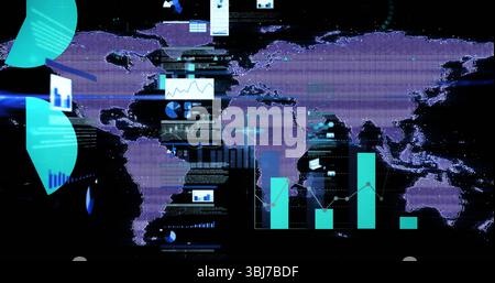 Affichage de la carte du monde en violet sur le tableau de bord, avec des graphiques à barres flottantes et des graphiques linéaires Banque D'Images