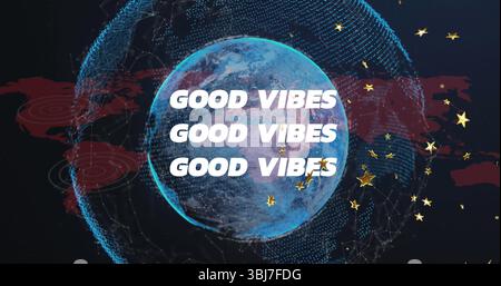 Globe terrestre bleu tournant affichant des nœuds de réseau en toile de fond numérique, avec un texte audacieux de BONNES VIBRATIONS Banque D'Images