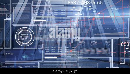Affichage des panneaux du tableau de bord superposés au couloir, avec des lectures numériques, des graphiques linéaires et des blocs de code Banque D'Images