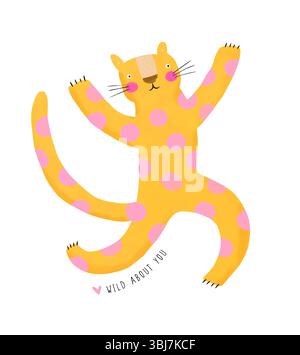 Joyeux léopard avec des points roses.Wild à propos de vous.Funny main dessinée carte de Saint-Valentin avec léopard dansant mignon.Wild chat jaune avec des points roses sur sa fourrure. Illustration de Vecteur