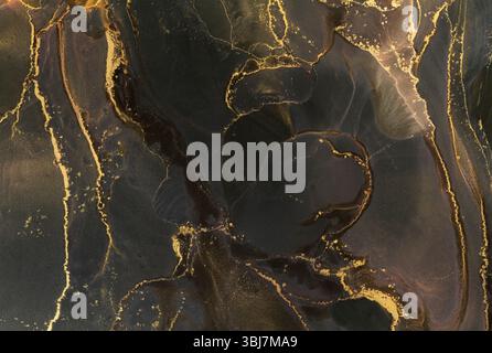 Motifs tourbillonnants vibrants dans l'encre alcoolisée avec des nuances profondes et des accents dorés Banque D'Images