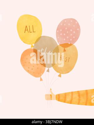 Tous les Best.Cute carte de voeux dessinée à la main avec des ballons et meilleurs voeux. Main tenant Un tas de ballons. Carte vectorielle semblable à un dessin de style infantile. Illustration de Vecteur