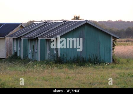 Quatre cabines vertes en bois avec des toits inclinés se dressent dans une rangée sur de l'herbe envahie, montrant de la peinture écaillée et des signes d'âge, placées contre des champs ouverts Banque D'Images