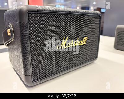 Alicante, Espagne - 11 juin 2025 : enceinte Marshall au design classique présentant un extérieur noir texturé et un logo doré, parfaite pour les mélomanes Banque D'Images