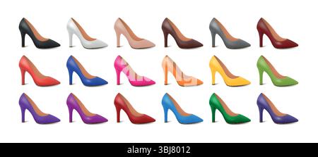 Vector 3d Realistic High Heel Chaussures Set en plusieurs couleurs. Mode femme Stiletto Heels Collection pour style Design, Accessoires de mariée, élégant Illustration de Vecteur