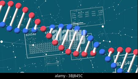 Hélice d'ADN 3D flottante dérivant sur l'interface numérique sarcelle, avec panneaux de données, nœuds et lignes Banque D'Images