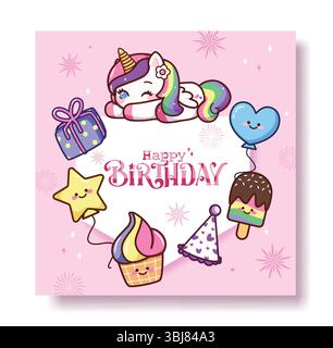 Joyeux anniversaire carte de voeux clipart conception de fond. Clipart de carte d'invitation de fille d'anniversaire avec des éléments colorés de décoration de fête en rose Illustration de Vecteur