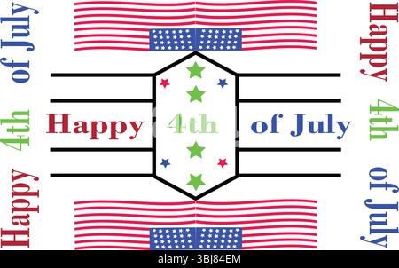 Vecteur moderne Happy 4th of July avec badge hexagonal et disposition verticale de typographie de drapeau américain Illustration de Vecteur