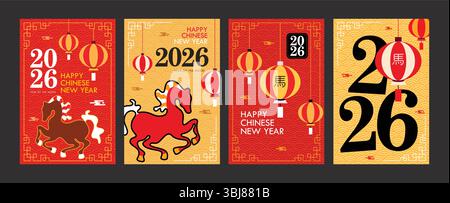 Ensemble d'affiches clipart de salutation du nouvel an chinois 2026. Joyeux salut du nouvel an chinois en fond rouge et or avec signe du zodiaque de cheval pour traditionnel Illustration de Vecteur