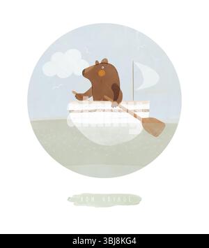 Illustration vectorielle mignonne avec un ours brun flottant dans Un petit bateau sur la mer. Art de nursery dessiné à la main avec Happy Teddy Bear Rowing parmi les petites vagues. Illustration de Vecteur