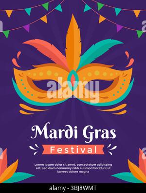 Modèle d'affiche du festival mardi gras avec masque et design simple Illustration de Vecteur