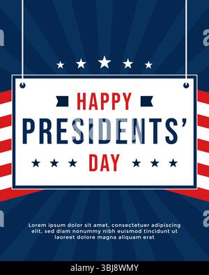 Modèle d'affiche de jour des présidents avec des rayures rouges et forme d'étoile sur fond bleu foncé Illustration de Vecteur