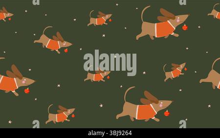 Joli fond d'écran de Noël avec Teckel chien courant avec boule rouge. Chien drôle dans le costume de Père Noël sur un fond vert foncé.Xmas Seamless Vector Print. Illustration de Vecteur