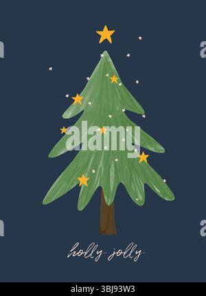 Vœux de Noël chaleureux. Arbre de Noël dessiné à la main et étoiles jaunes isolé sur Un fond bleu foncé. Carte de Noël avec voeux chaleureux « Holly Jolly ». Illustration de Vecteur