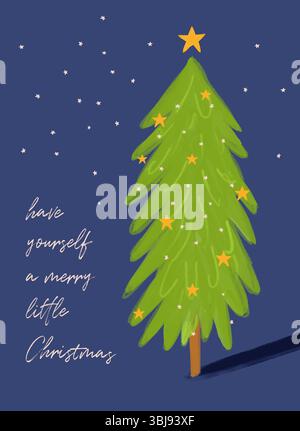 Vœux de Noël chaleureux. Sapin de Noël dessiné à la main et étoiles jaunes isolé sur fond bleu foncé. Carte de Noël avec voeux chaleureux de joyeux Noël. Illustration de Vecteur
