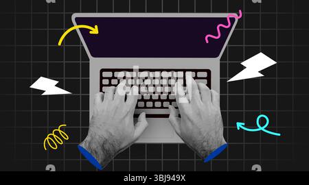 Collage rétro. Mains humaines et ordinateur portable. Concept de comptabilité et d'analyse financière. Illustration vectorielle Illustration de Vecteur
