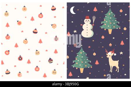 Motif vectoriel sans couture des vacances d'hiver avec de mignons rennes heureux, des arbres de Noël, bonhomme de neige et étoiles. Motifs de Noël avec Baubless et bonhomme de neige. Illustration de Vecteur
