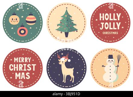 Joyeux Noël.Winter Holidays Vector Retro Tags avec mignon joyeux renne, arbre de Noël, bonhomme de neige, boules et Stars.Holly Jolly. Surmontoirs de Noël. Illustration de Vecteur