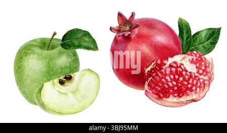 Aquarelle réaliste Vert pomme et grenade illustration, vibrant fruit Duo Banque D'Images