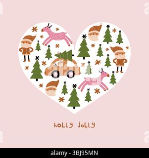 Carte vectorielle de Noël mignonne. Père Noël dessiné à la main, arbre de Noël, renne et Père Noël dans une voiture dans le cadre de forme de coeur sur un fond rose pastel. Illustration de Vecteur