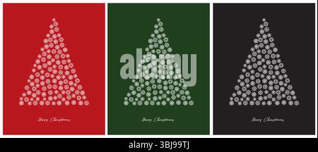 Arbre de Noël blanc sur un fond rouge, noir et vert. Illustration de Noël en 3 couleurs différentes.arbre fait de flocons de neige. Joyeux Noël. Illustration de Vecteur