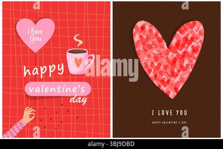 Bonne Saint Valentin. Je t'aime. Illustration vectorielle de la main tenant un ballon en forme de coeur rose. Vœux de Saint-Valentin dessinés à la main. Carte romantique. Illustration de Vecteur