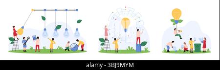 Impact de l'idée créative, évolution de l'innovation, gestion des projets numériques mis en place. De minuscules personnes partagent et transfèrent la lumière de l'ampoule avec le berceau Newtons, volant sur l'illustration vectorielle de dessin animé de lampe Illustration de Vecteur