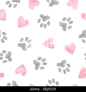 Motif sans couture des pattes et des coeurs de chien. Illustration d'impressions d'animaux de compagnie d'aquarelle vectorielle Illustration de Vecteur