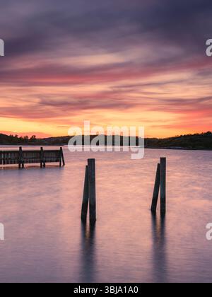 Des teintes dorées et roses remplissent le ciel alors que le soleil se couche sur les eaux suédoises tranquilles. Des poteaux en bois s'élèvent de la surface sereine, capturant la beauté du Banque D'Images