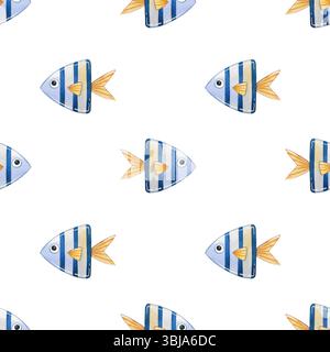 Motif sans couture. Ensemble d'aquarelle de baleines bleues de dessin animé mignonnes isolées sur fond blanc. Animaux marins peints à la main Banque D'Images