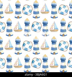 Motif sans couture peint à la main avec des éléments de thème marin. Illustrations aquarelles de navire, ancre, coquille. Définir sur fond blanc Banque D'Images