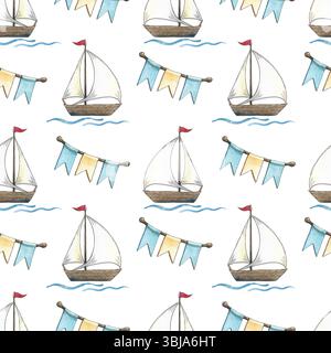 Motif sans couture peint à la main avec des éléments de thème marin. Illustrations aquarelles de navire, ancre, coquille. Définir sur fond blanc Banque D'Images