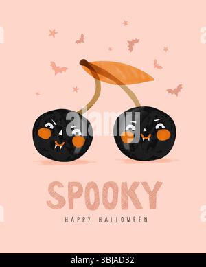 Deux cerises en colère noires sur Un fond rose. Impression vectorielle d'Halloween effrayante. Vampire Twin cerises, chauves-souris et étoiles. Jolie carte d'Halloween dessinée à la main. Illustration de Vecteur