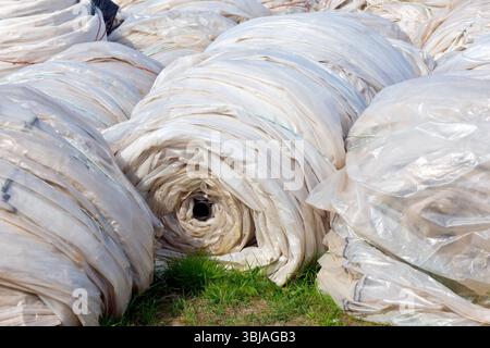 Gros plan de rouleaux inutilisés de feuilles de polyéthylène stockés dans le coin d'un champ, largement utilisés dans l'agriculture moderne pour la construction de polytunnels. Banque D'Images