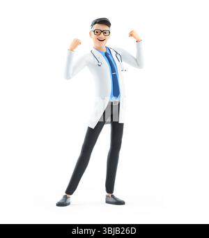 3d dessin animé docteur fléchissant les muscles du bras, illustration isolée sur fond blanc Banque D'Images