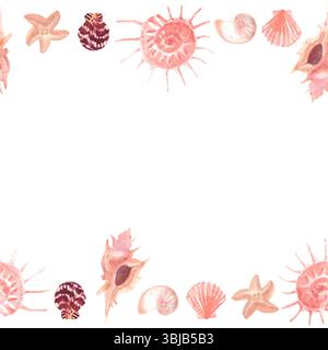 Aquarelle bordure sans couture de coquillages roses et beiges et étoiles de mer Banque D'Images