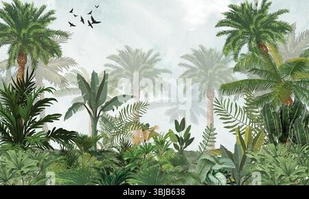Décor tropical paisible : Silhouette de palmier vert clair impression sans couture avec des oiseaux Banque D'Images