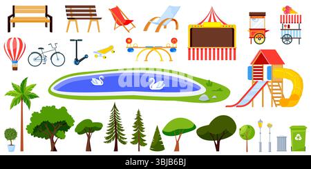 Icônes de dessins animés plats du parc public de la ville. Éléments de conception de paysage urbain extérieur vectoriel. Arbres de jardin verts, étang, bancs, aire de jeux, chariot de crème glacée iso Illustration de Vecteur