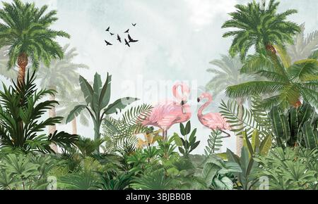 Fresque murale Lush Safari : Flamingo exotique dans un paysage tropical vert Banque D'Images